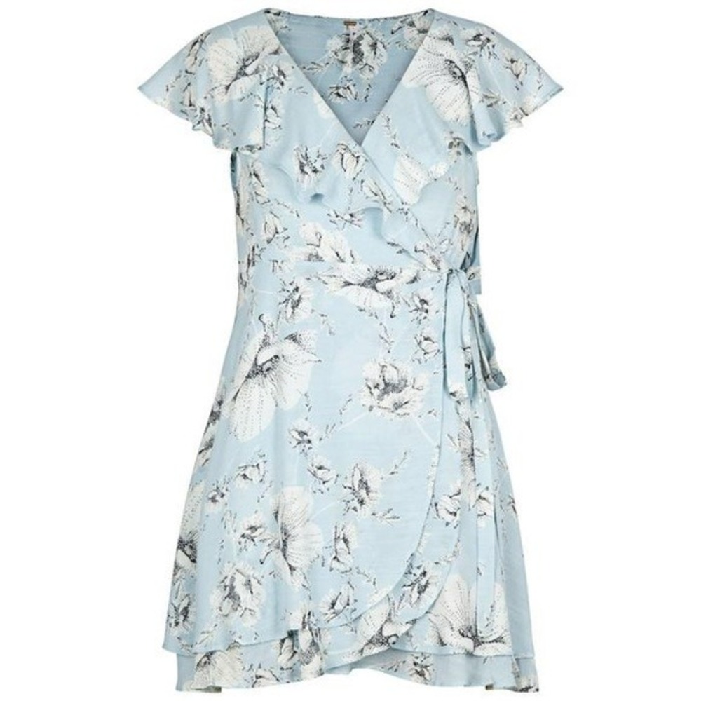 Free People Floral‎ Mini Dress Ruffle Trim Wrap Tie Light Blue XS